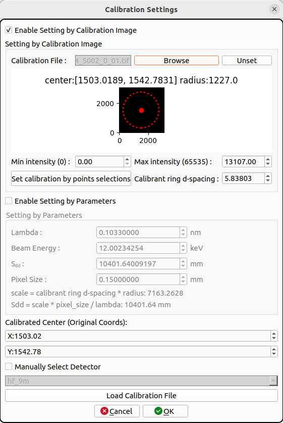 Calibration dialog with an automatically fitted ring shown on the calibration image